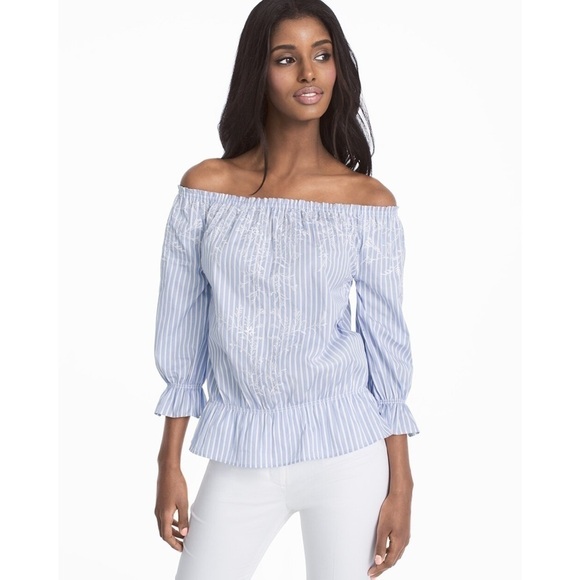 White House Black Market Tops - NWT WHBM Off-The-Shoulder Embroidered Stripe Cotton Top